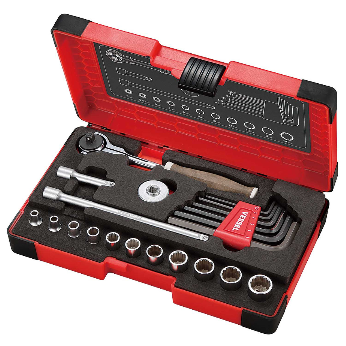 Vessel WOOD-COMPO Swivel Socket Wrench 1/4" SQ Drive 21PC. Set