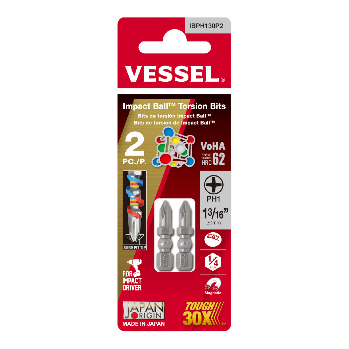 Vessel IMPACT BALL Torsion Bit +1x30mm 2PC. (Card)