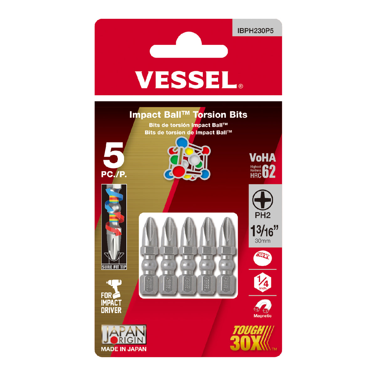 Vessel IMPACT BALL Torsion Bit +2x30mm 5PC. (Card)