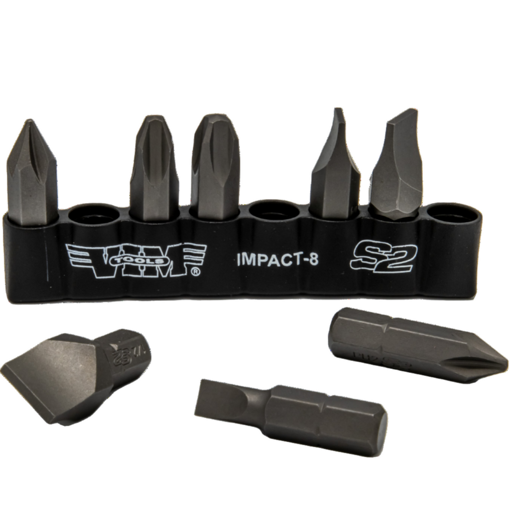 Vim Tools - Impact Quality S2 Bit Set, 8 Pc Bits 5/16″ Hex Bodies, 1.25″L, P1-P4 Phillips & Flat Tip - Ridge Toolbox