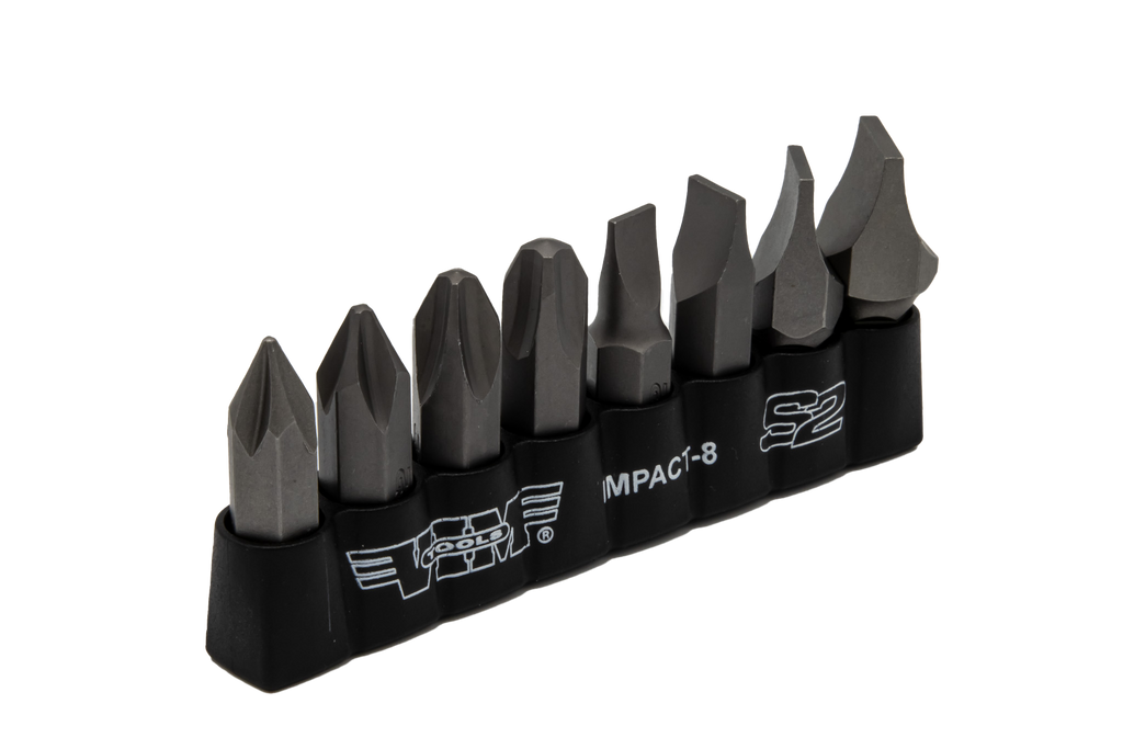 Vim Tools - Impact Quality S2 Bit Set, 8 Pc Bits 5/16″ Hex Bodies, 1.25″L, P1-P4 Phillips & Flat Tip - Ridge Toolbox