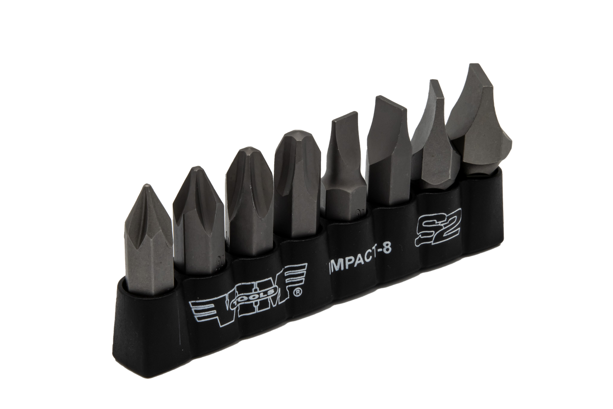 Vim Tools - Impact Quality S2 Bit Set, 8 Pc Bits 5/16″ Hex Bodies, 1.25″L, P1-P4 Phillips & Flat Tip - Ridge Toolbox