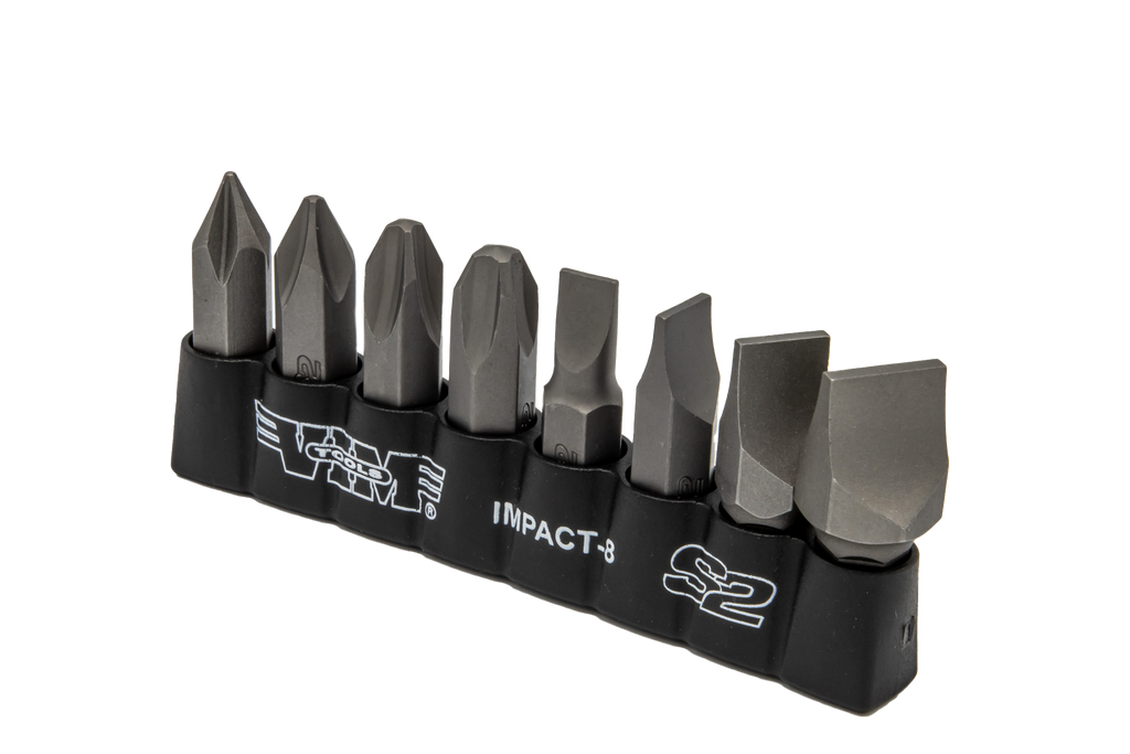 Vim Tools - Impact Quality S2 Bit Set, 8 Pc Bits 5/16″ Hex Bodies, 1.25″L, P1-P4 Phillips & Flat Tip - Ridge Toolbox