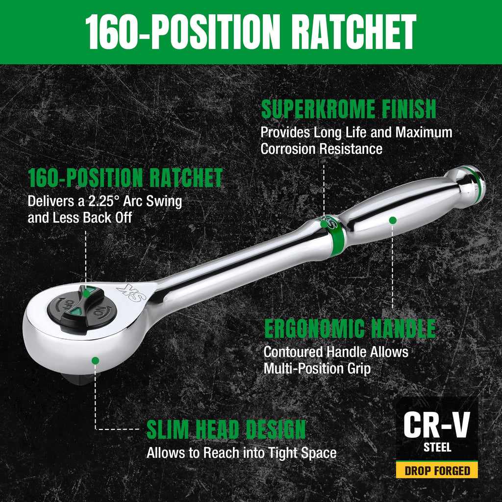 SK Tools USA - 3/8" Drive, 160-Position Reversible Chrome Ratchet, 8.5" Long - Ridge Toolbox