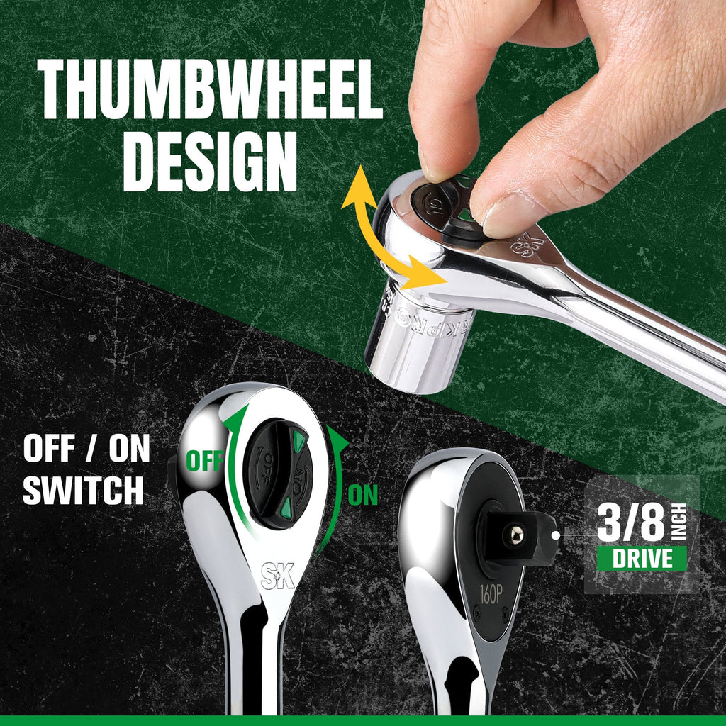 SK Tools USA - 3/8" Drive, 160-Position Reversible Chrome Ratchet, 8.5" Long - Ridge Toolbox