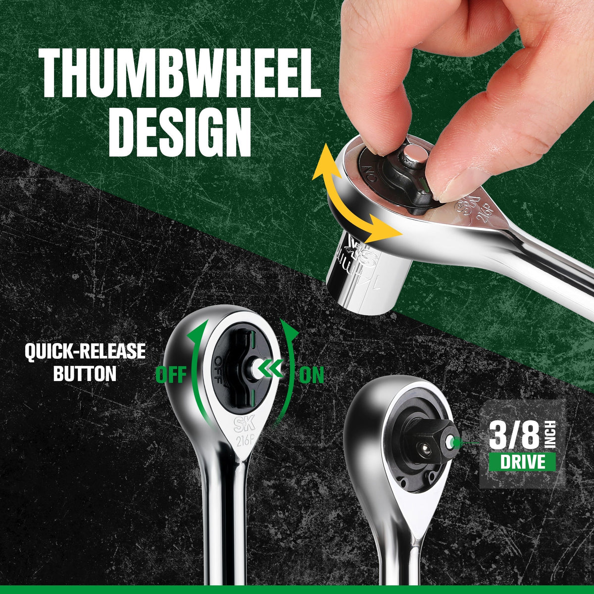SK Tools USA - 3/8" Drive, 216-Position Reversible Chrome Ratchet, 8.5" Long - Ridge Toolbox