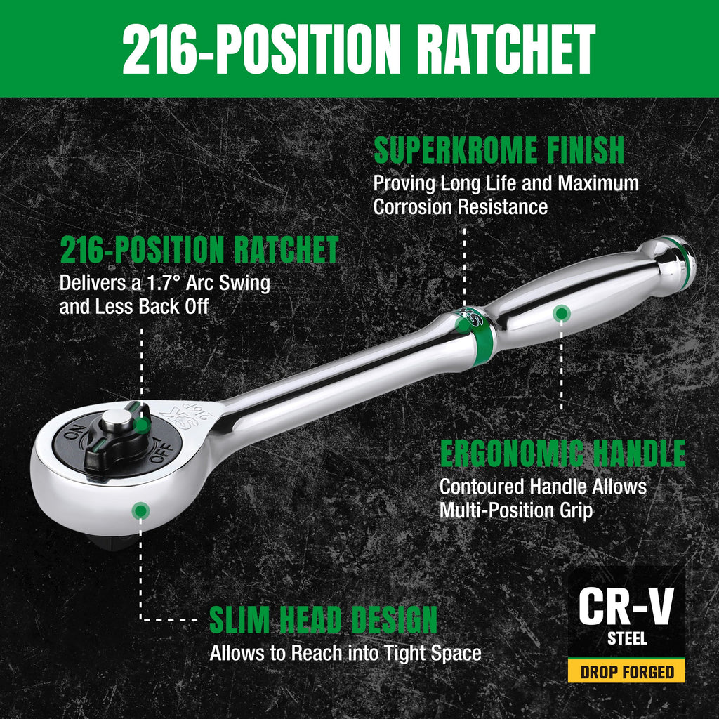 SK Tools USA - 1/2" Drive, 216-Position Reversible Chrome Ratchet, 11.2" Long - Ridge Toolbox
