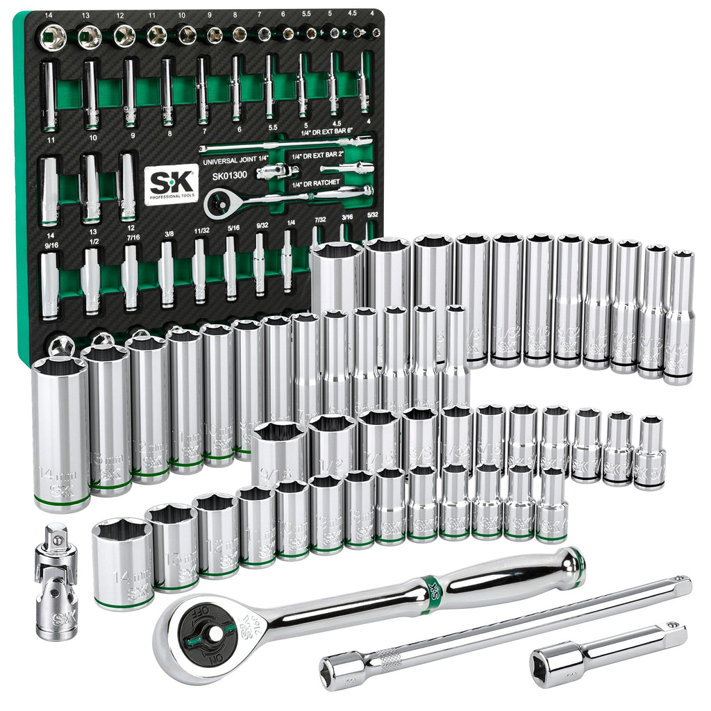 SK Tools USA - 1/4" Drive, 52 Piece, 6 Point, Shallow & Deep, SAE & Metric Chrome Socket Set - Ridge Toolbox