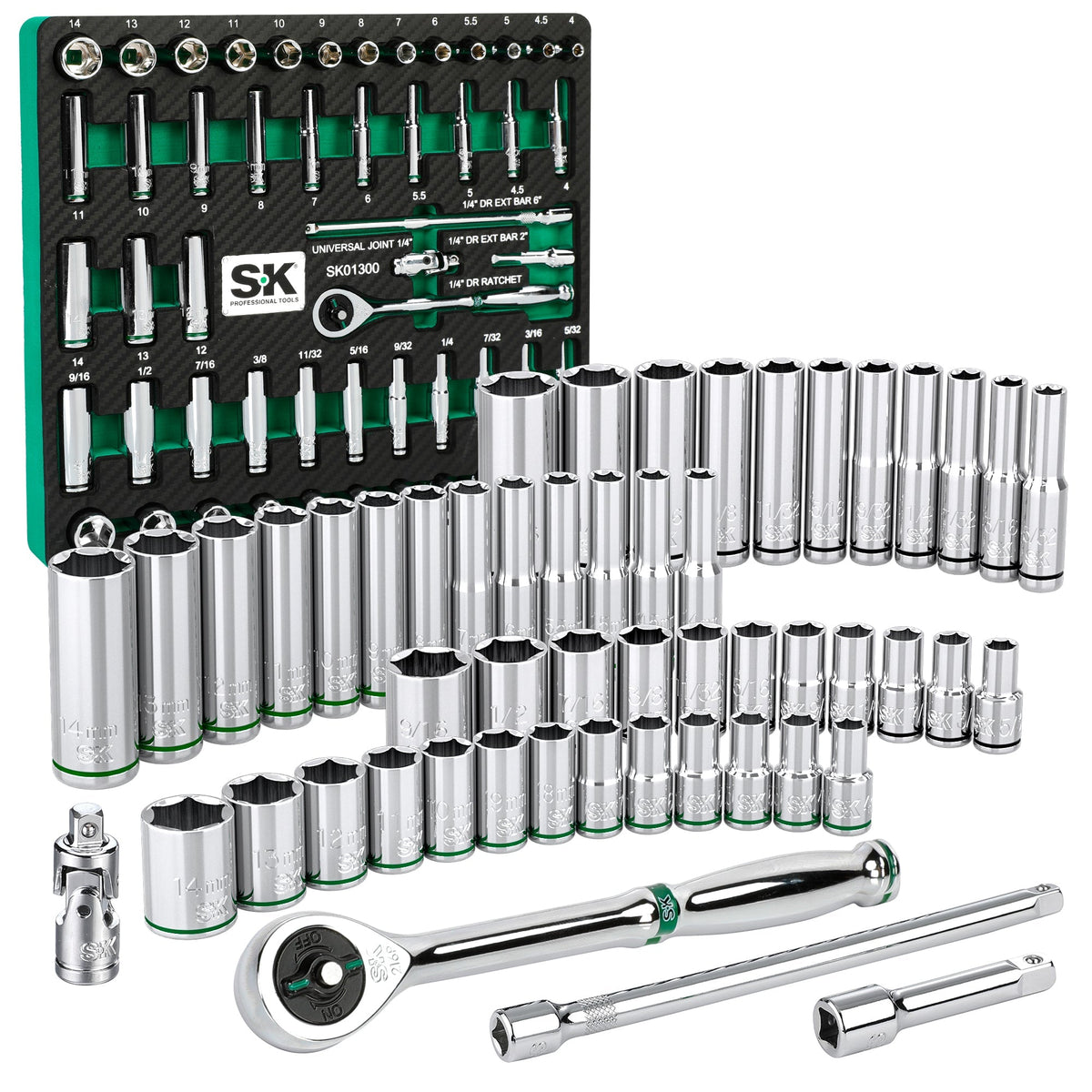 SK Tools USA - 1/4" Drive, 52 Piece, 6 Point, Shallow & Deep, SAE & Metric Chrome Socket Set - Ridge Toolbox