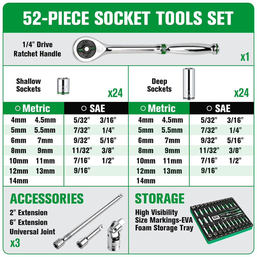 SK Tools USA - 1/4" Drive, 52 Piece, 6 Point, Shallow & Deep, SAE & Metric Chrome Socket Set - Ridge Toolbox