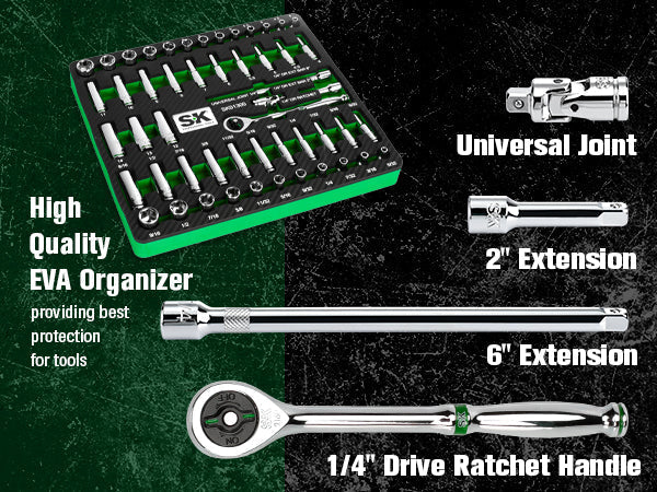 SK Tools USA - 1/4" Drive, 52 Piece, 6 Point, Shallow & Deep, SAE & Metric Chrome Socket Set - Ridge Toolbox