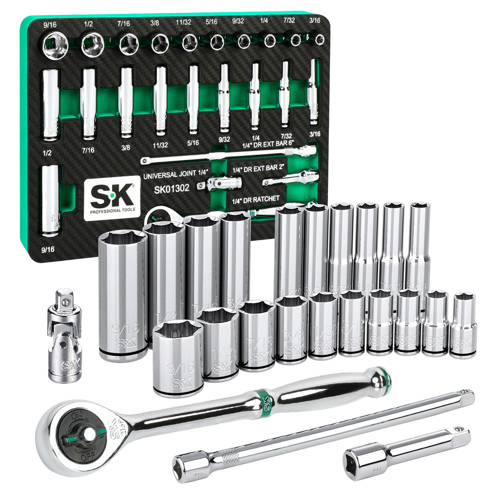 SK Tools USA - 30 Piece 1/4" Drive, 6 Point, Shallow & Deep, SAE Chrome Socket Set with 216-Position Ratchet - Ridge Toolbox