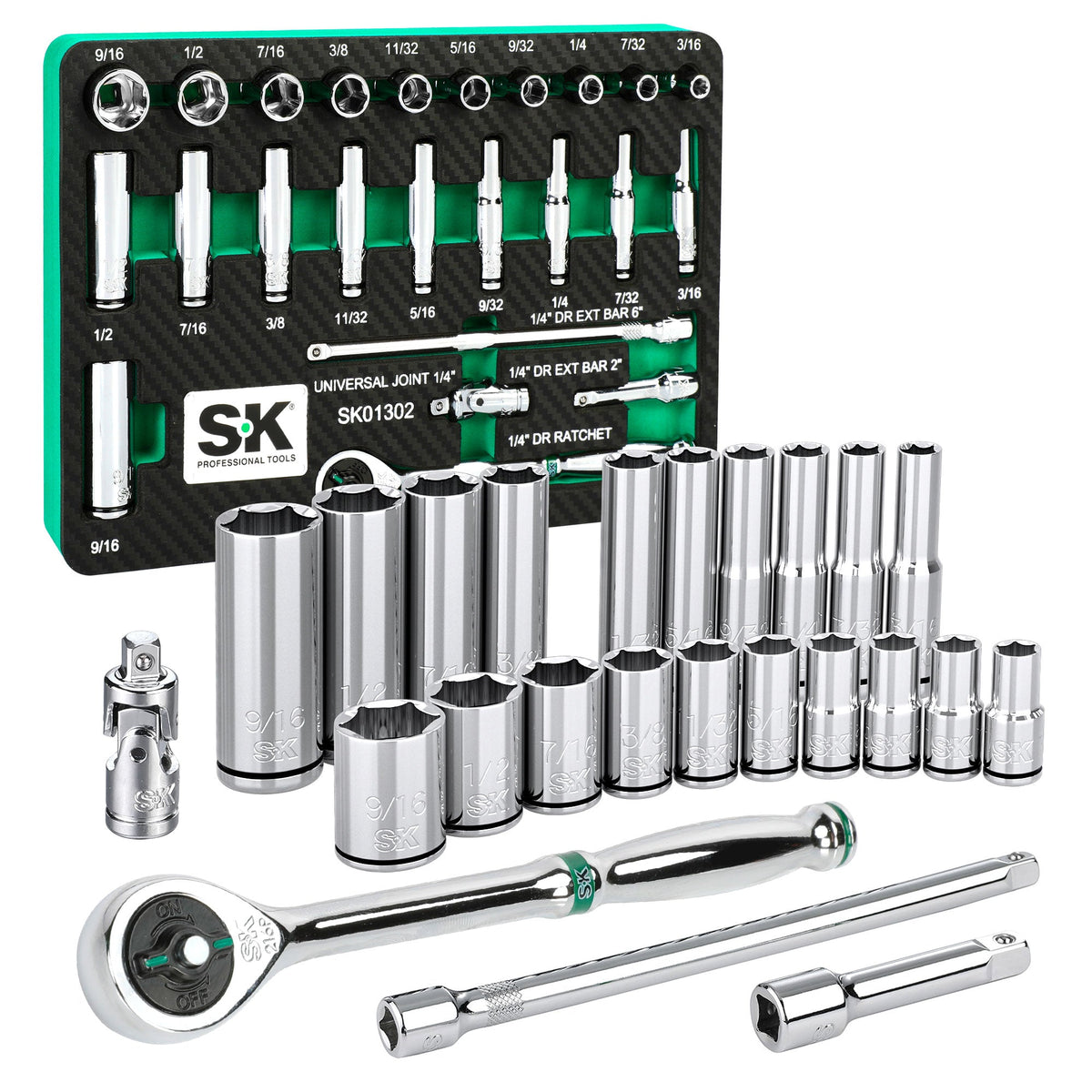 SK Tools USA - 30 Piece 1/4" Drive, 6 Point, Shallow & Deep, SAE Chrome Socket Set with 216-Position Ratchet - Ridge Toolbox
