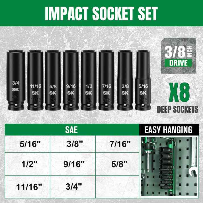 SK Tools USA - 3/8" Drive, 8 Piece, SAE Deep Impact Socket Set, SK01350 - Ridge Toolbox