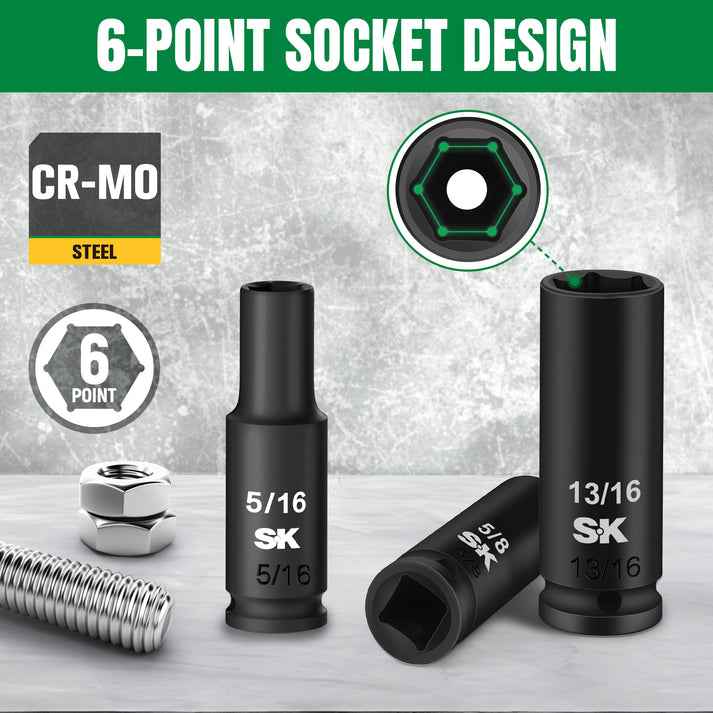 SK Tools USA - 3/8" Drive, 8 Piece, SAE Deep Impact Socket Set, SK01350 - Ridge Toolbox