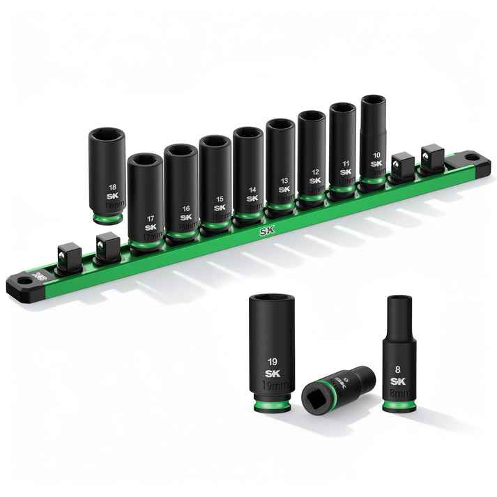 SK Tools USA - 3/8" Drive, 12 Piece, 6 Point, Metric Deep Impact Socket Set, #SK01351 - Ridge Toolbox