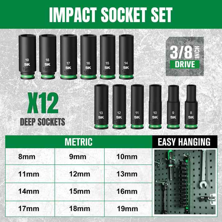 SK Tools USA - 3/8" Drive, 12 Piece, 6 Point, Metric Deep Impact Socket Set, #SK01351 - Ridge Toolbox