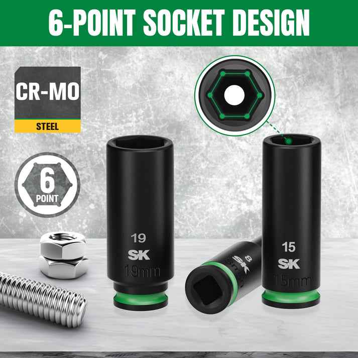 SK Tools USA - 3/8" Drive, 12 Piece, 6 Point, Metric Deep Impact Socket Set, #SK01351 - Ridge Toolbox