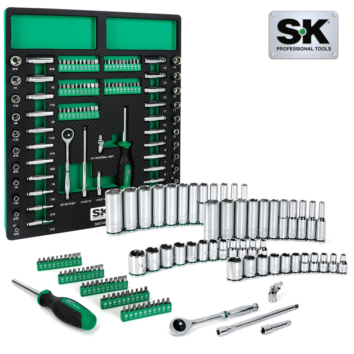 SK Tools USA - 101 Piece, 1/4" Drive, 6 Point, Shallow & Deep, SAE & Metric Chrome Socket Set with Bits - Ridge Toolbox