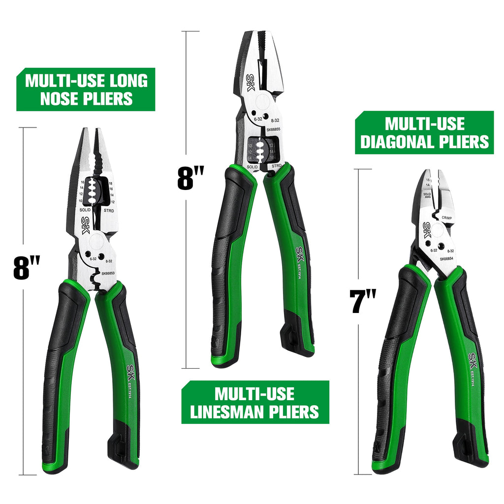 SK Tools USA - 3 Piece Dual-Material Handle Multi-Use Pliers Set - Ridge Toolbox