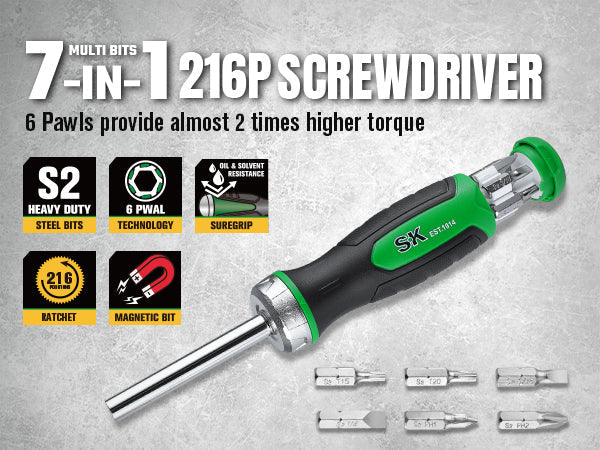SK Tools USA - 7-in-1, 216-Position Reversible Ratcheting Screwdriver - Ridge Toolbox