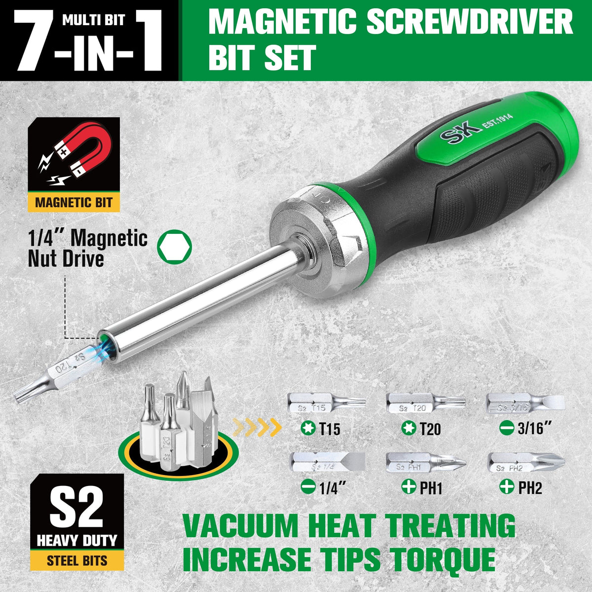 SK Tools USA - 7-in-1, 216-Position Reversible Ratcheting Screwdriver - Ridge Toolbox