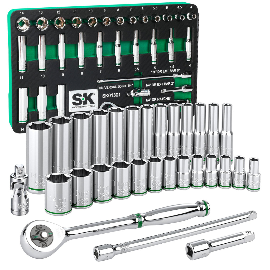 SK Tools USA - 30 Piece 1/4" Drive, 6 Point, Standard & Deep, Metric Chrome Socket Set - Ridge Toolbox
