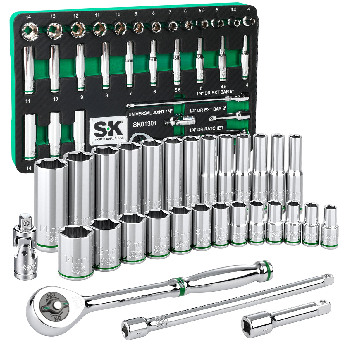 SK Tools USA - 30 Piece 1/4" Drive, 6 Point, Standard & Deep, Metric Chrome Socket Set - Ridge Toolbox