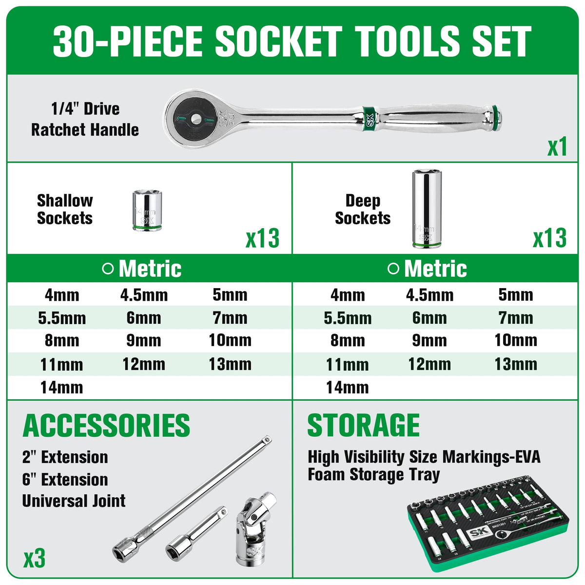 SK Tools USA - 30 Piece 1/4" Drive, 6 Point, Standard & Deep, Metric Chrome Socket Set - Ridge Toolbox