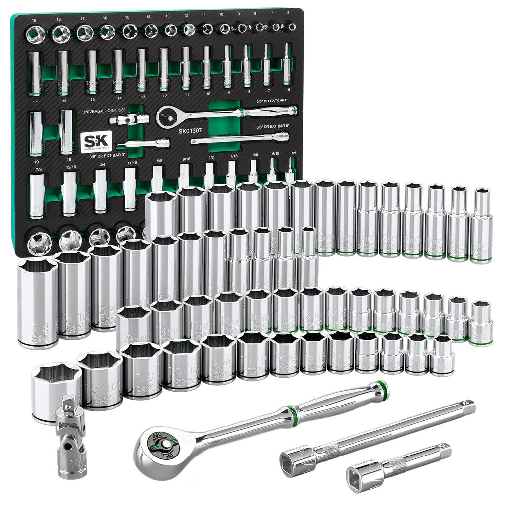 SK Tools USA - 56 Piece 3/8" Drive, 6 Point, Standard & Deep, SAE & Metric Chrome Socket Set - Ridge Toolbox