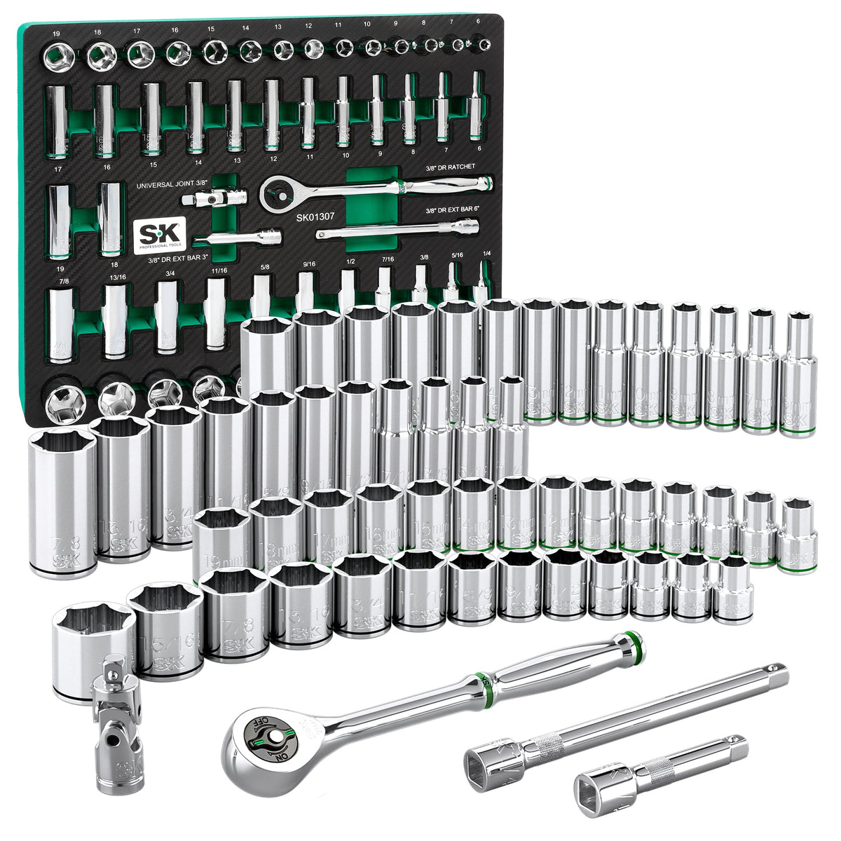 SK Tools USA - 56 Piece 3/8" Drive, 6 Point, Standard & Deep, SAE & Metric Chrome Socket Set - Ridge Toolbox