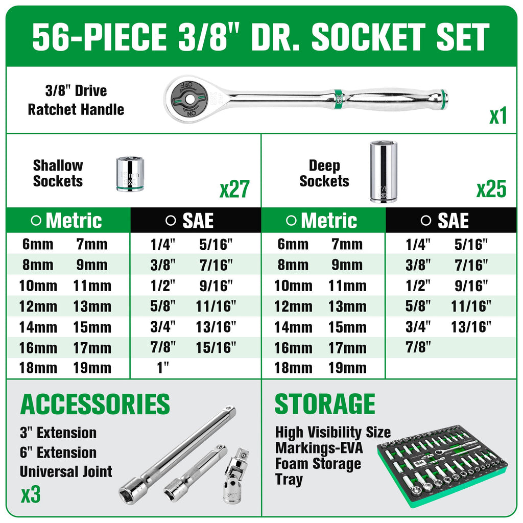 SK Tools USA - 56 Piece 3/8" Drive, 6 Point, Standard & Deep, SAE & Metric Chrome Socket Set - Ridge Toolbox