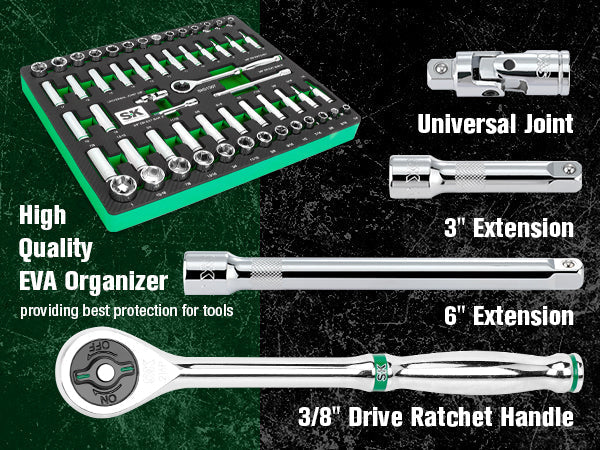 SK Tools USA - 56 Piece 3/8" Drive, 6 Point, Standard & Deep, SAE & Metric Chrome Socket Set - Ridge Toolbox