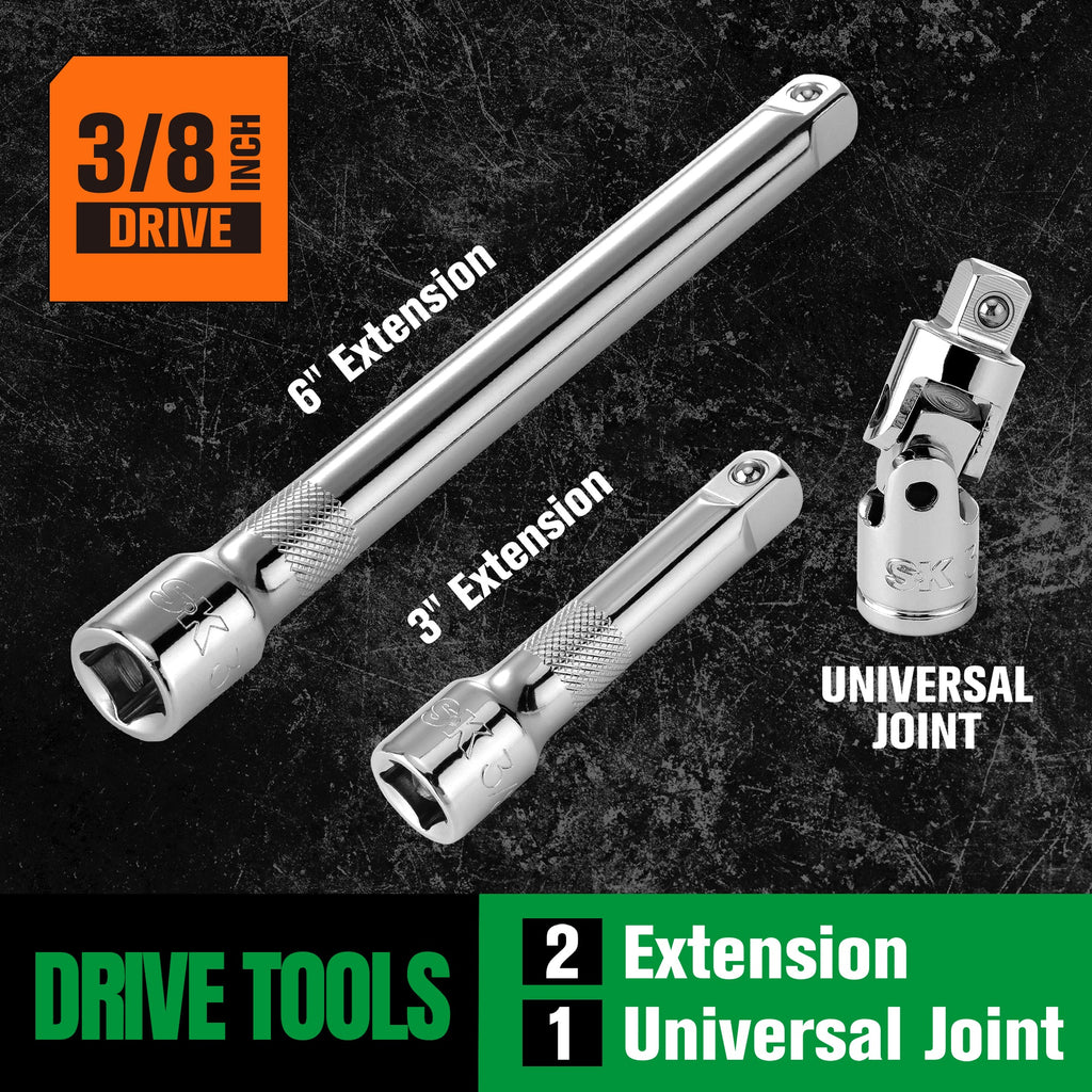 SK Tools USA - 56 Piece 3/8" Drive, 6 Point, Standard & Deep, SAE & Metric Chrome Socket Set - Ridge Toolbox