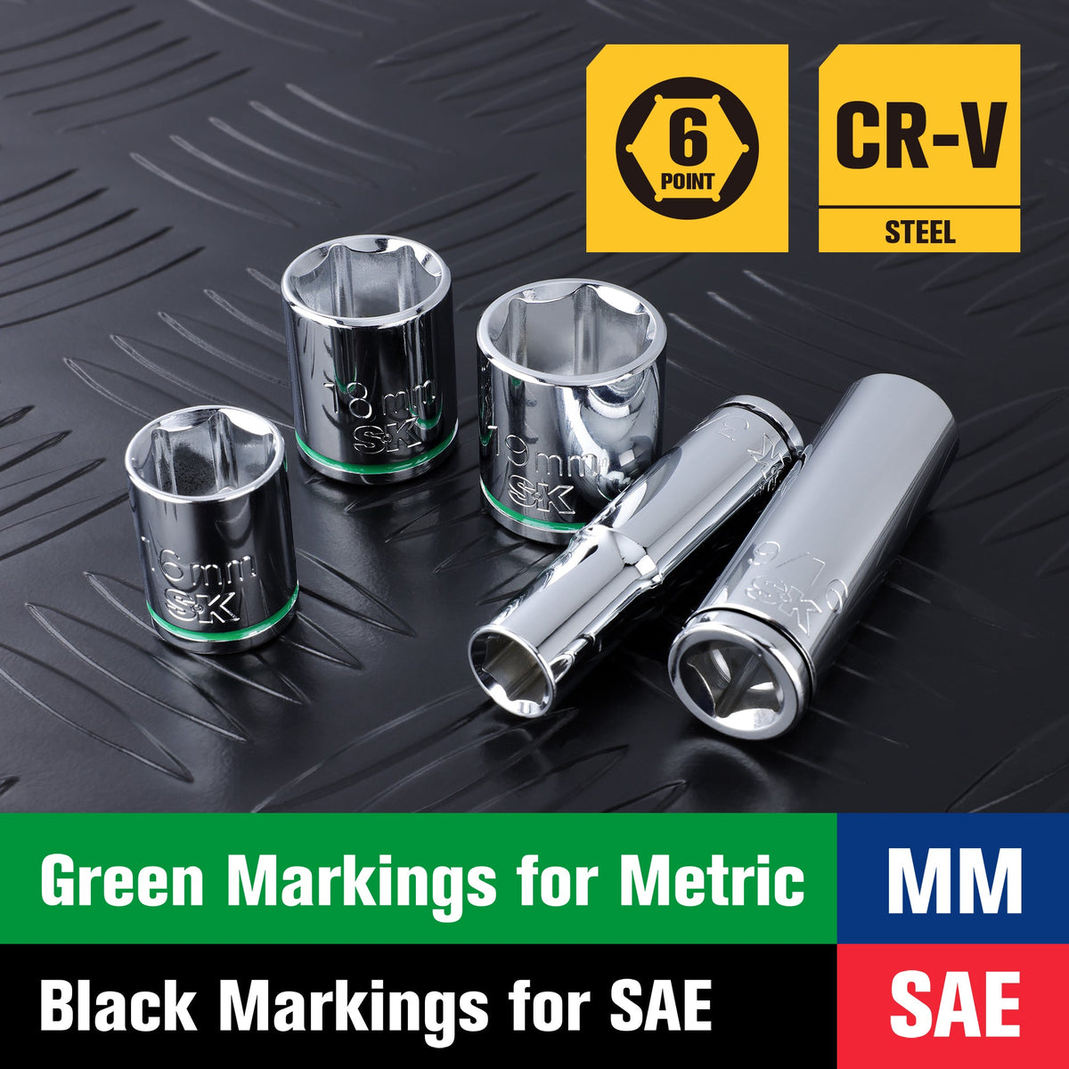 SK Tools USA - 56 Piece 3/8" Drive, 6 Point, Standard & Deep, SAE & Metric Chrome Socket Set - Ridge Toolbox