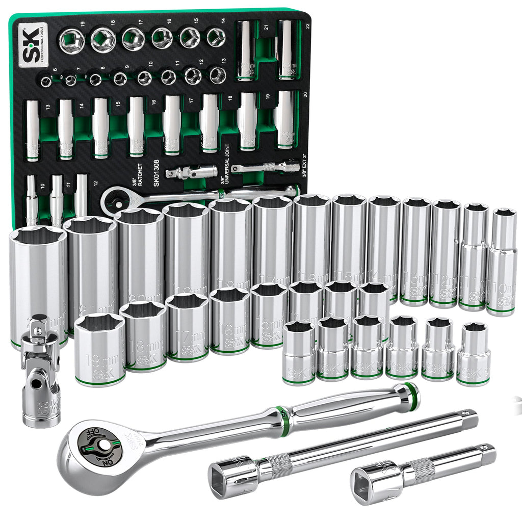 SK Tools USA - 31 Piece 3/8" Drive, 6 Point, Standard & Deep, Metric Chrome Socket Set - Ridge Toolbox