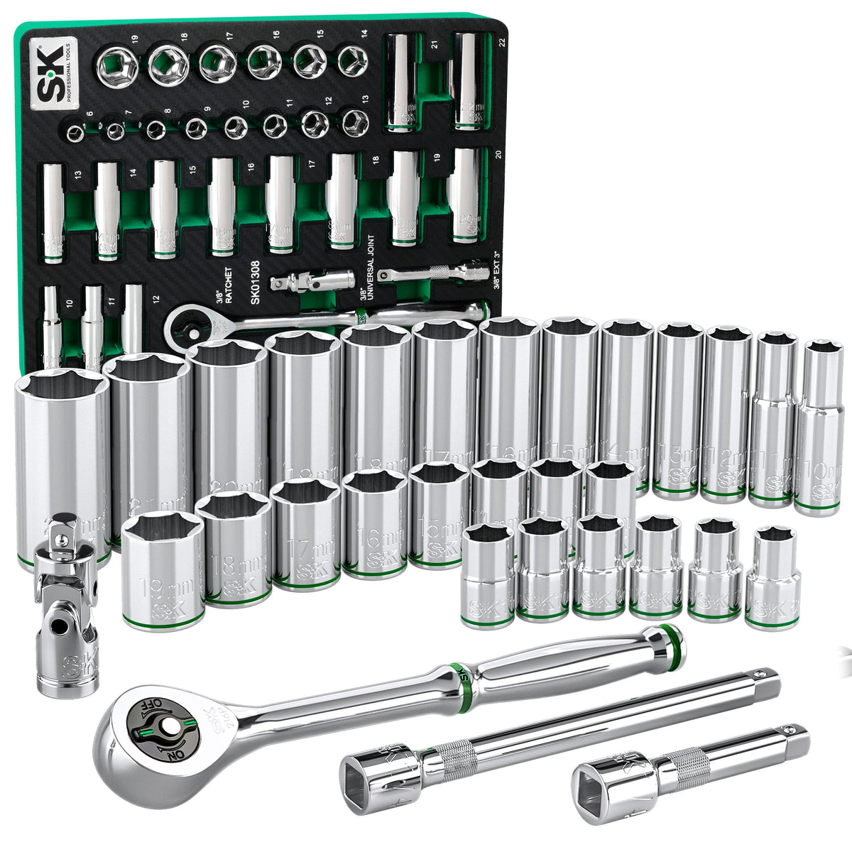SK Tools USA - 31 Piece 3/8" Drive, 6 Point, Standard & Deep, Metric Chrome Socket Set - Ridge Toolbox