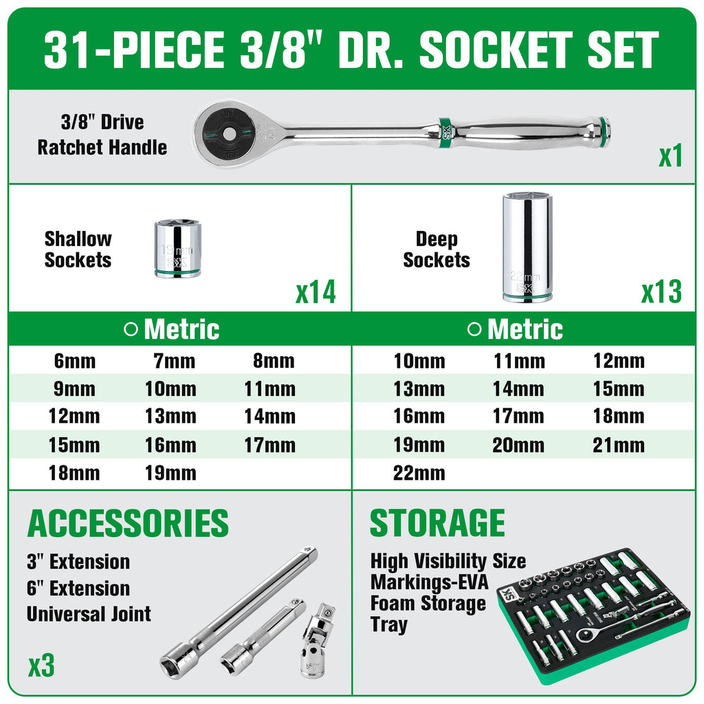 SK Tools USA - 31 Piece 3/8" Drive, 6 Point, Standard & Deep, Metric Chrome Socket Set - Ridge Toolbox
