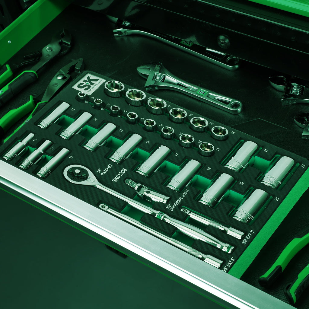 SK Tools USA - 31 Piece 3/8" Drive, 6 Point, Standard & Deep, Metric Chrome Socket Set - Ridge Toolbox