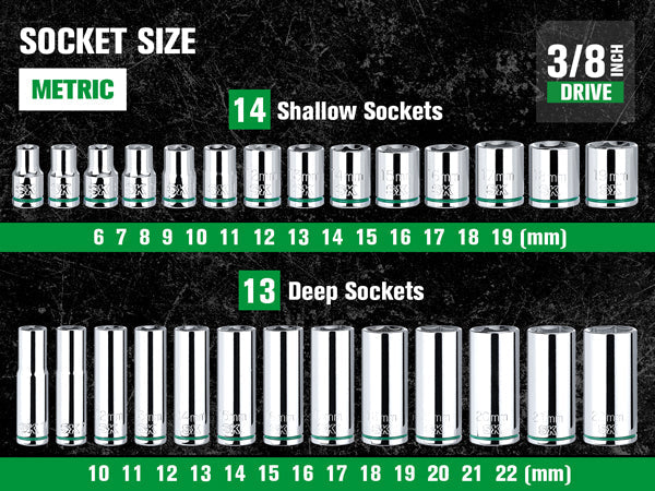 SK Tools USA - 31 Piece 3/8" Drive, 6 Point, Standard & Deep, Metric Chrome Socket Set - Ridge Toolbox