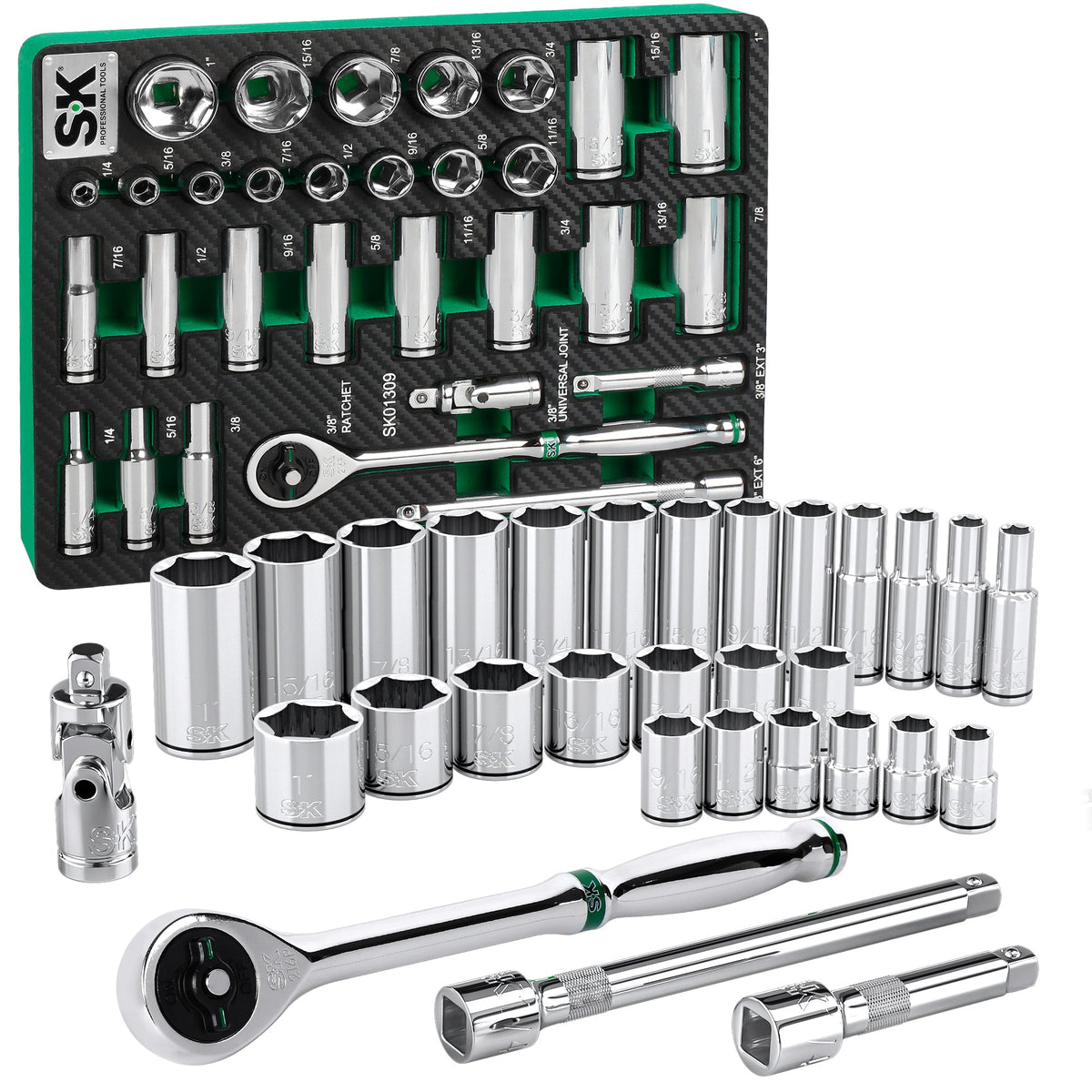 SK Tools USA - 30 Piece 3/8" Drive, 6 Point, Standard & Deep, SAE Chrome Socket Set - Ridge Toolbox