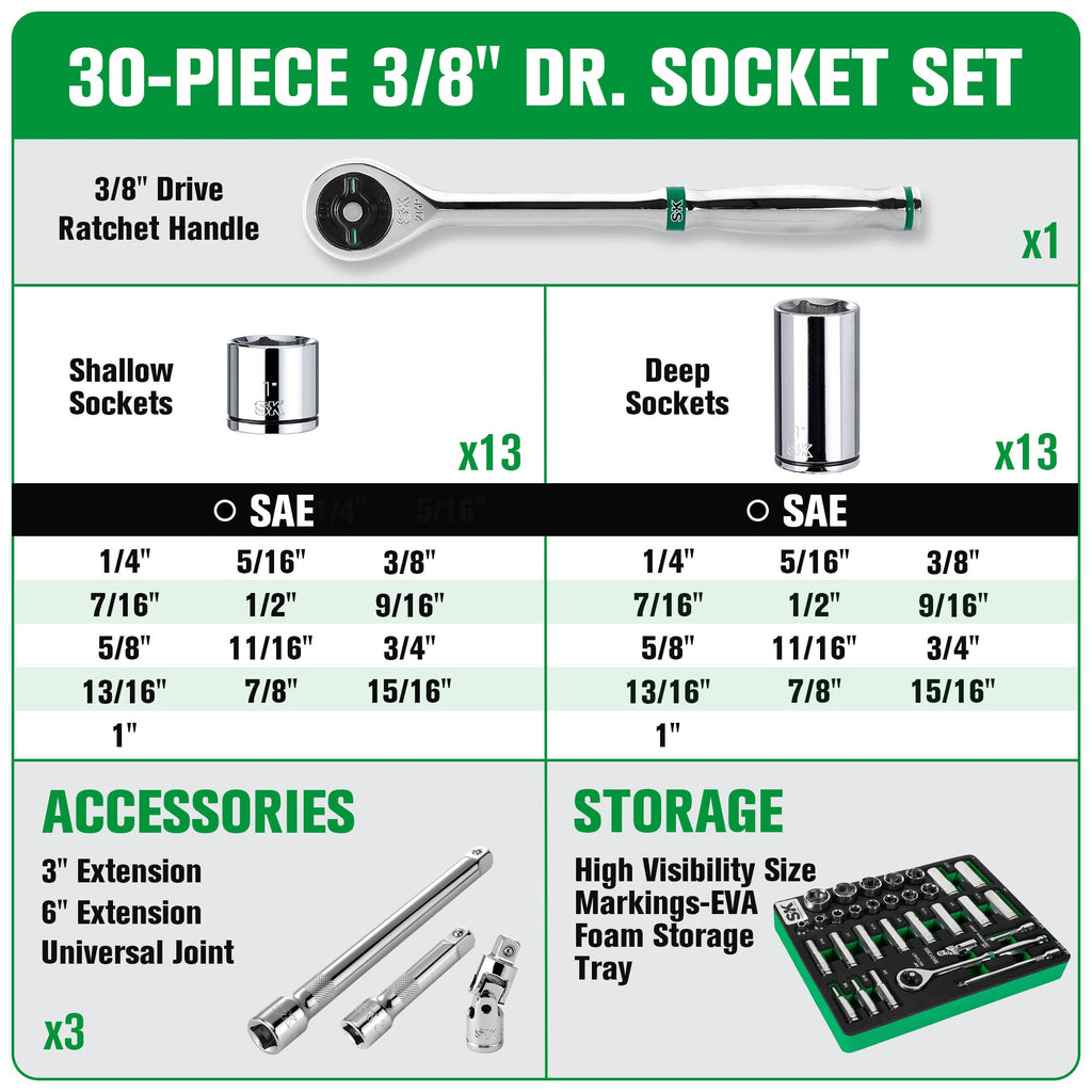 SK Tools USA - 30 Piece 3/8" Drive, 6 Point, Standard & Deep, SAE Chrome Socket Set - Ridge Toolbox