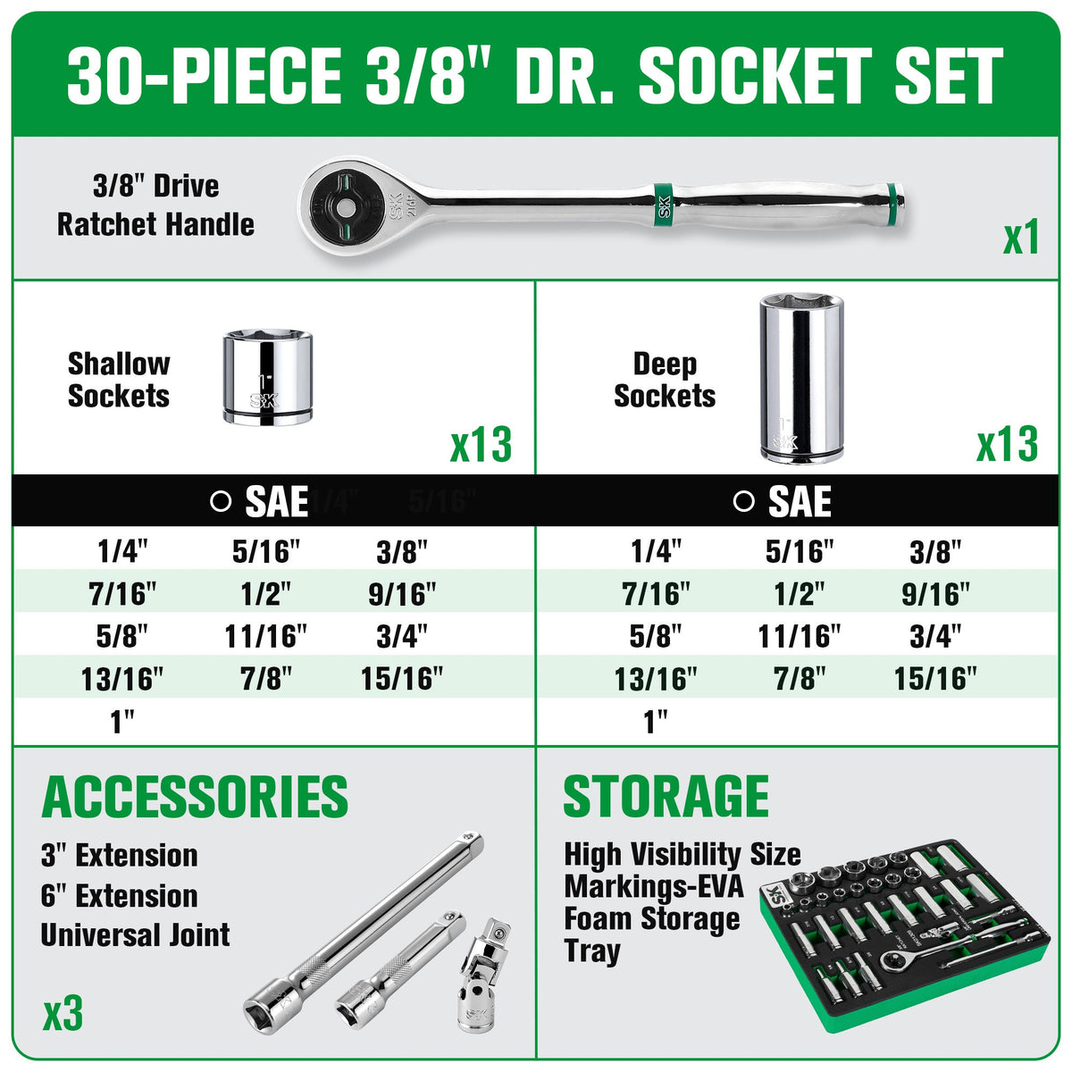 SK Tools USA - 30 Piece 3/8" Drive, 6 Point, Standard & Deep, SAE Chrome Socket Set - Ridge Toolbox