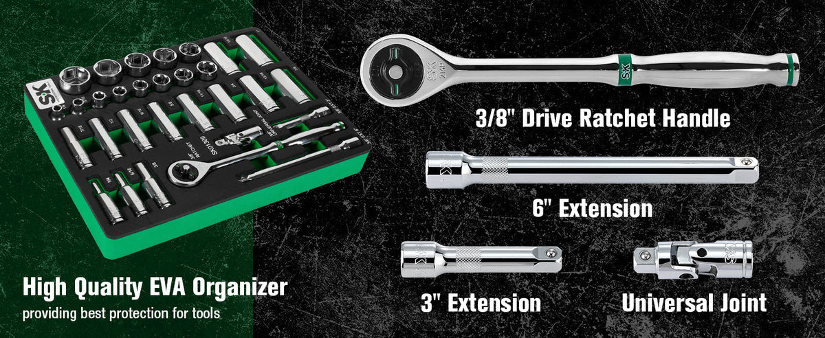 SK Tools USA - 30 Piece 3/8" Drive, 6 Point, Standard & Deep, SAE Chrome Socket Set - Ridge Toolbox