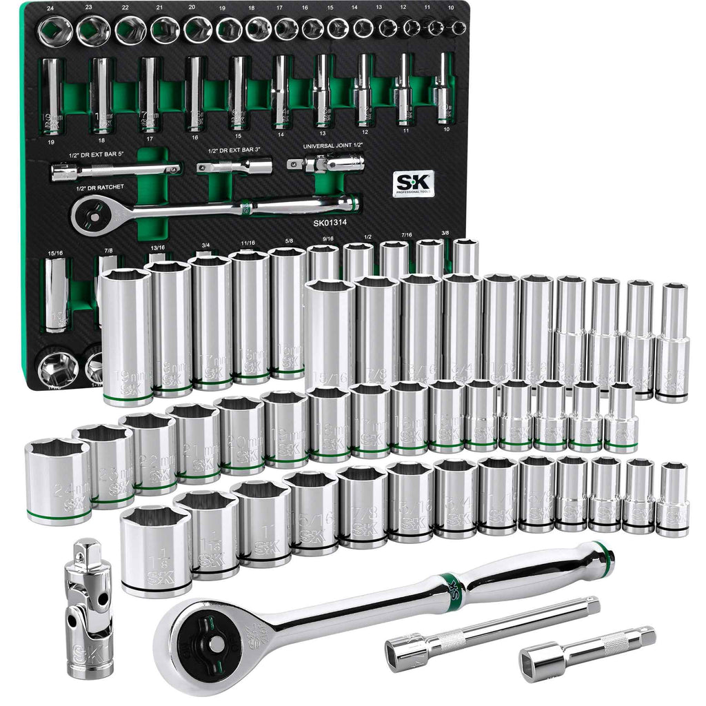 SK Tools USA - 52 Piece 1/2" Drive, 6 Point, Standard & Deep, SAE & Metric Chrome Socket Set - Ridge Toolbox