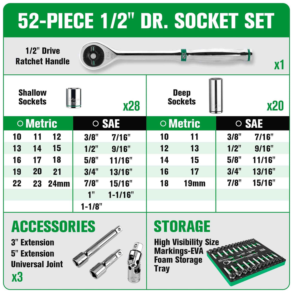 SK Tools USA - 52 Piece 1/2" Drive, 6 Point, Standard & Deep, SAE & Metric Chrome Socket Set - Ridge Toolbox