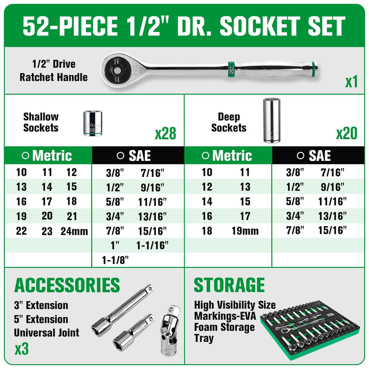 SK Tools USA - 52 Piece 1/2" Drive, 6 Point, Standard & Deep, SAE & Metric Chrome Socket Set - Ridge Toolbox