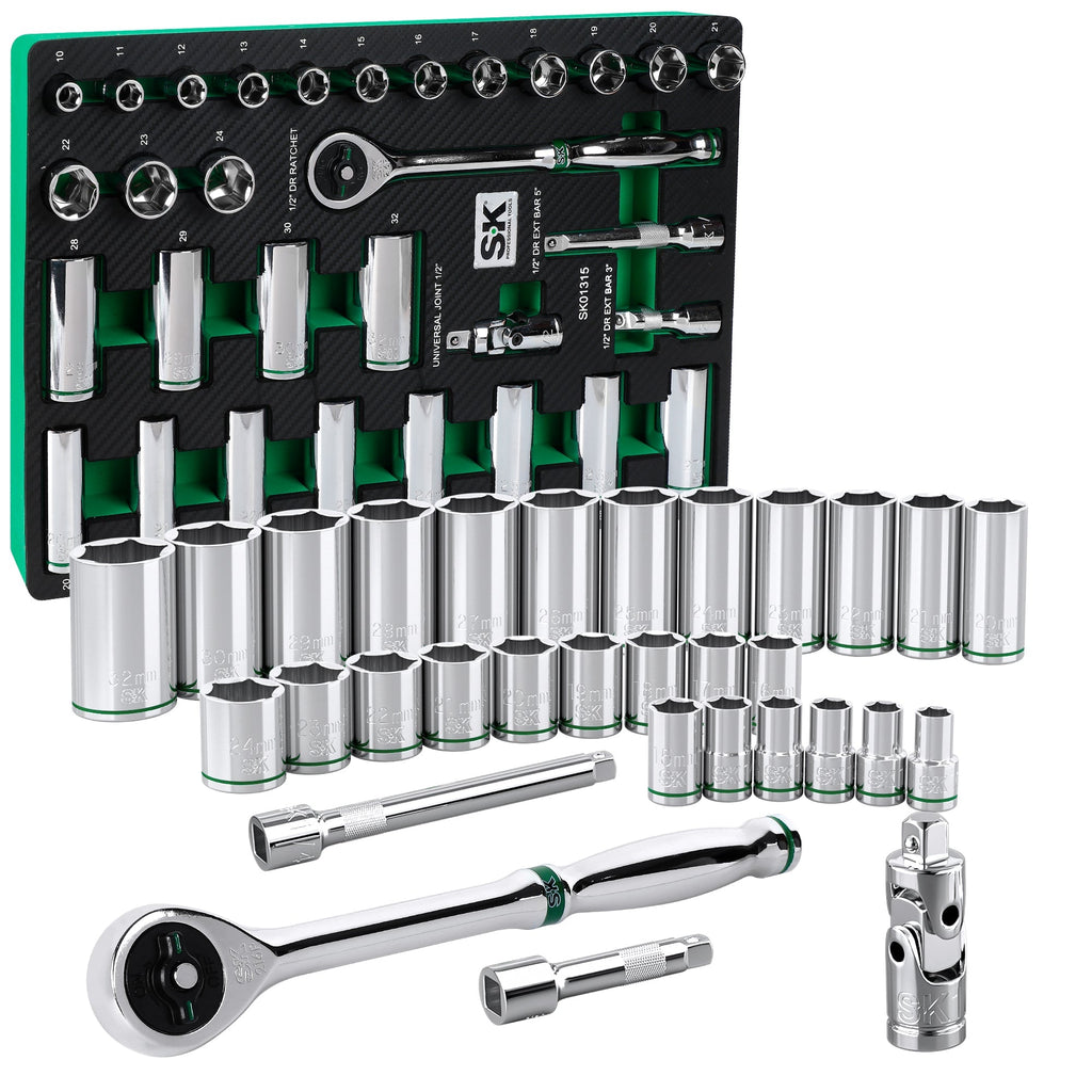 SK Tools USA - 31 Piece 1/2" Drive, 6 Point, Standard & Deep, Metric Chrome Socket Set - Ridge Toolbox