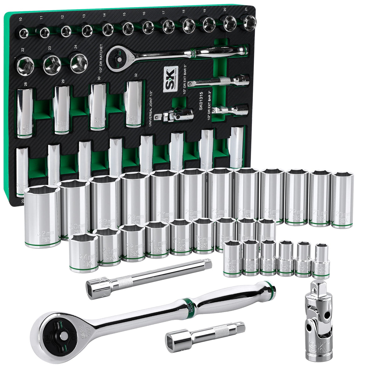 SK Tools USA - 31 Piece 1/2" Drive, 6 Point, Standard & Deep, Metric Chrome Socket Set - Ridge Toolbox