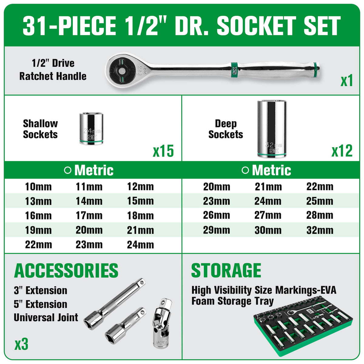 SK Tools USA - 31 Piece 1/2" Drive, 6 Point, Standard & Deep, Metric Chrome Socket Set - Ridge Toolbox